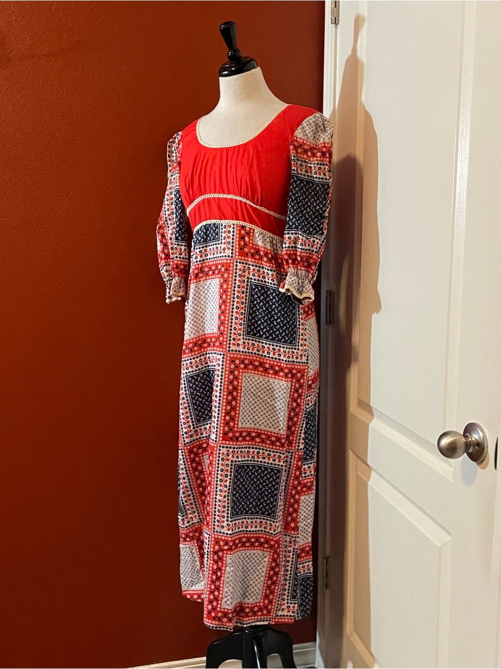 Vintage Unbranded Women’s 70’s Prairie Geometric Patchwork Bodice Maxi Dress